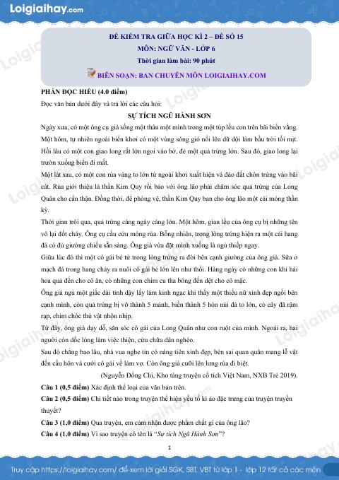 Đề thi giữa kì 2 Văn 6 - Đề số 15